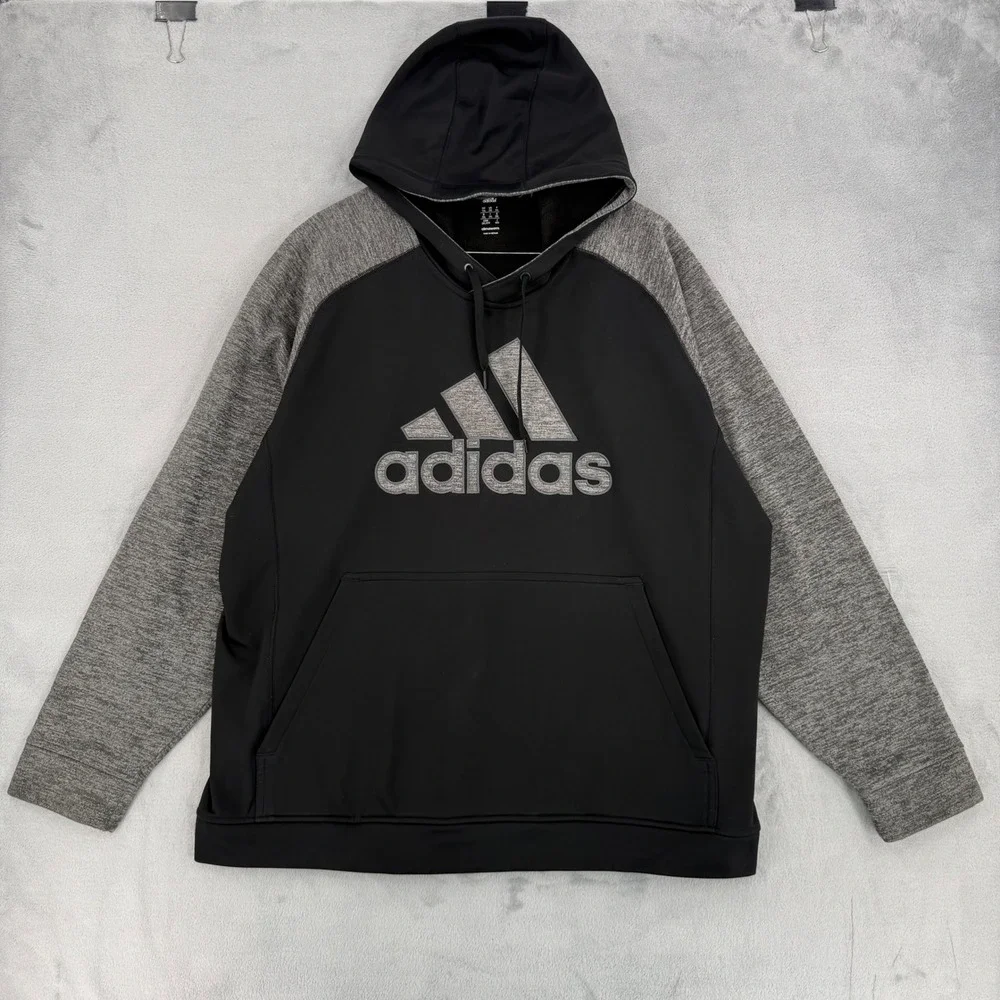 Adidas Mens 2XL Climawarm Hoodie Black Grey Raglan Logo Pullover Sweatshirt